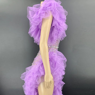 Vestido de Gasa Plisado con Manga Asimétrica y Detalle Diamante - Image 3