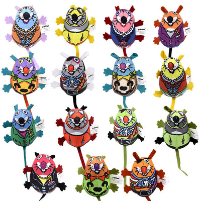 Fifteen colorful plush mouse cat toys with unique patterns and designs, some with bells, displayed in a white tray. - Image 5