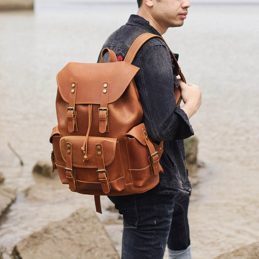 Mochila de Cuero Genuino Estilo Retro con Gran Capacidad para Hombre