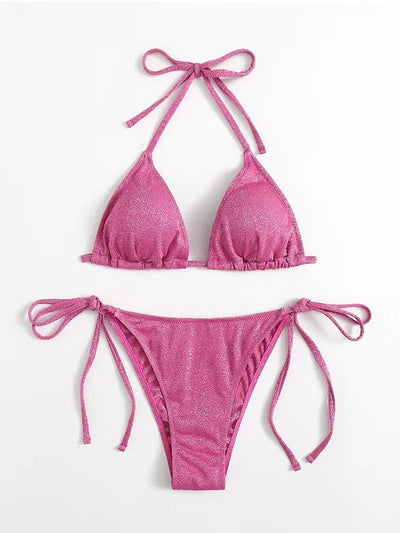 Shimmery blue two-piece bikini swimsuit with a triangle halter top and matching tie-side brief bottoms. - Image 4