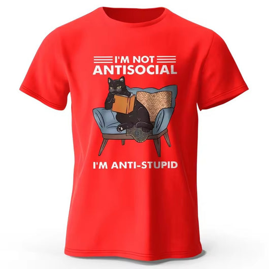 Red short-sleeve t-shirt with a black cat reading a book on an armchair and "I'M NOT ANTISOCIAL I'M ANTI-STUPID" text. - Image 4