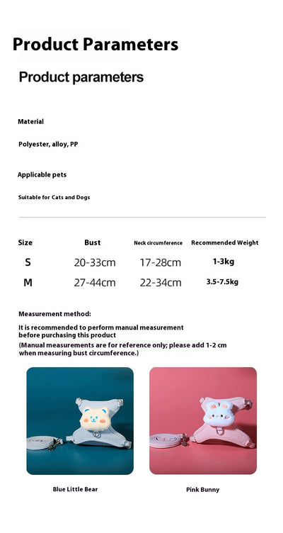 Pink corduroy pet harness and leash set with a white plush rabbit design, shown with a size chart. - Image 9