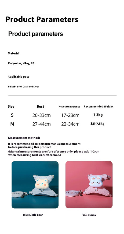 Pink corduroy pet harness and leash set with a white plush rabbit design, shown with a size chart. - Image 9