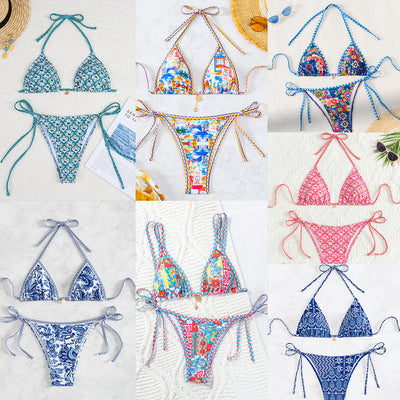 Red floral print triangle cup bikini set with matching bottom, featuring a small gold charm on the top. - Image 27
