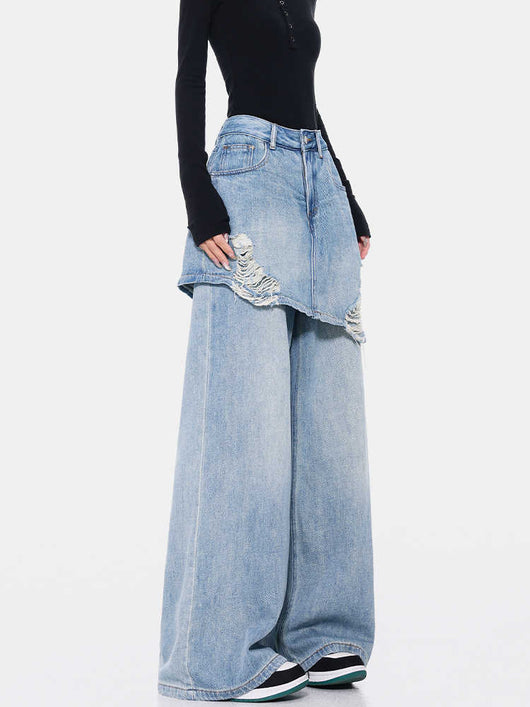 Pantalones Rectos Azul Vintage Efecto Desgastado Doble Tela para Mujer - Image 5