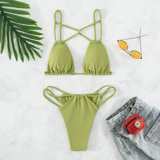 Red bean paste women's bikini swimwear with a triangle top and high-cut double-strap bottoms, laid flat. - Image 9