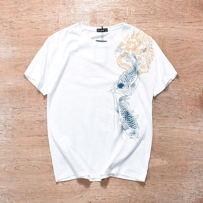 Camiseta Manga Corta Dragon Bordado Estilo Ukiyo-e
