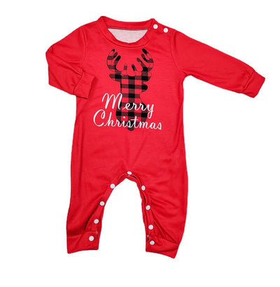Family of four wearing matching red and black buffalo plaid Christmas pajamas with reindeer and "Merry Christmas" text. - Image 13