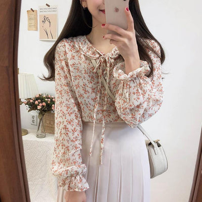 Blusa Larga de Gasa con Volantes Florales y Mangas Largas para Mujer - Image 3