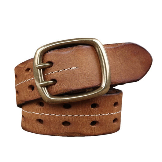 Cinturón de Cuero Premium con Hebilla Brass Retro y Costura Doble Aguja para Hombre - Image 5