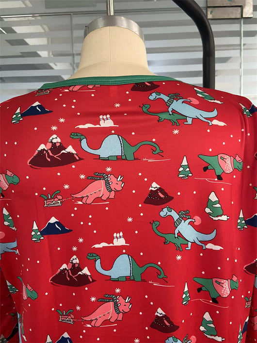Red long-sleeved men's pajama set with a festive dinosaur and Christmas tree print, featuring green cuffs. - Image 27