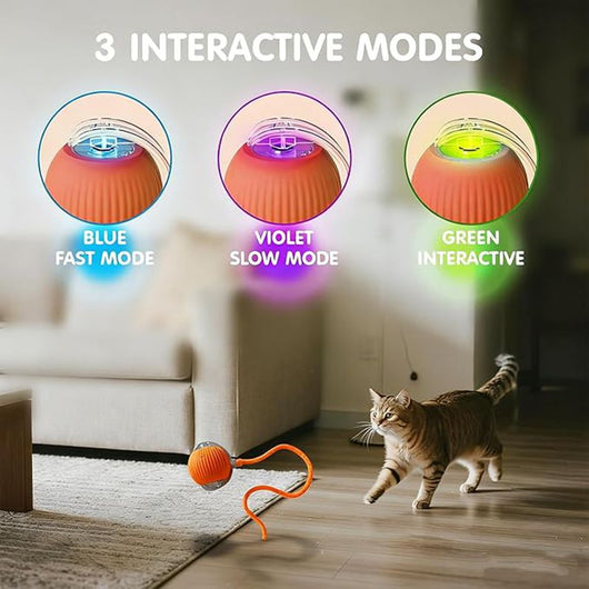 Blue and clear interactive cat ball toy with a rope, shown with three playful cats in the background. - Image 5