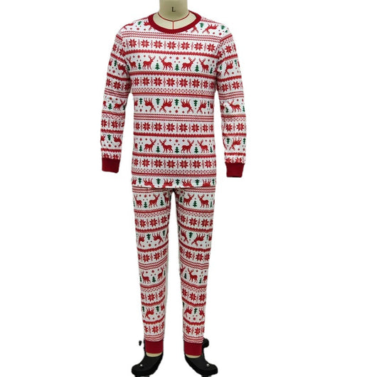 White long-sleeved pajama set with red and green Fair Isle Christmas pattern featuring reindeer and trees. - Image 2