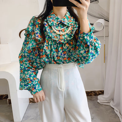 Blusa Floral de Chifón con Cuello de Muñeca y Volantes Encadenados - Image 5