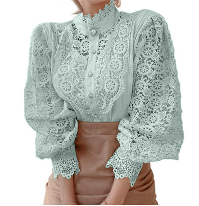 Blusa Elegante de Encaje Floral Hueco con Cuello Mao y Mangas Largas - Image 12
