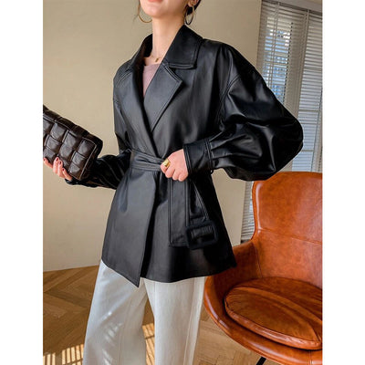 Chaqueta de Cuero Suelta con Cinturón Versátil - Image 12