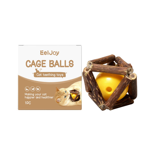 EelJoy Cage Balls cat teething toy with a yellow plastic ball inside a natural wood stick cage, shown with its packaging. - Image 2
