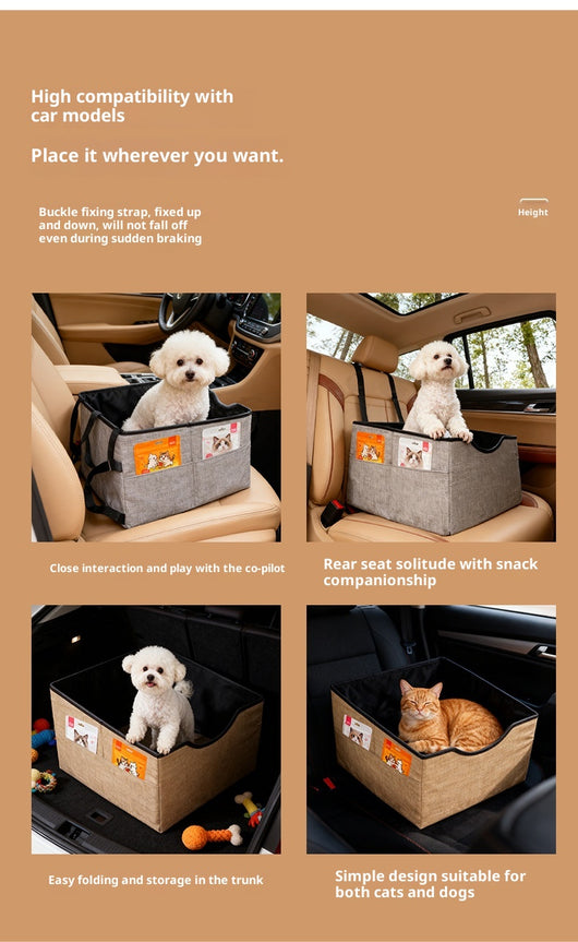 Beige pet car seat with a small white dog inside, secured to a car's passenger seat, designed for safe travel. - Image 17