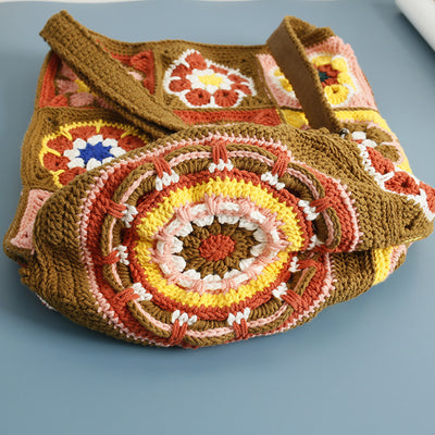 Bolsa Bucket Artesanal Tejida a Mano con Estilo Étnico Cuadros Abuela - Image 5