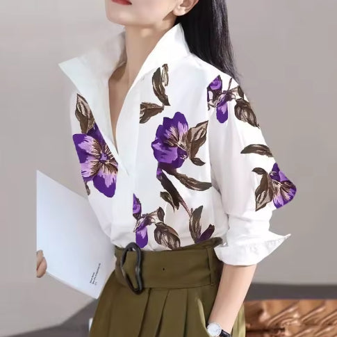 Camisa Suelta con Cuello de Pie y Estampado de Manga Larga