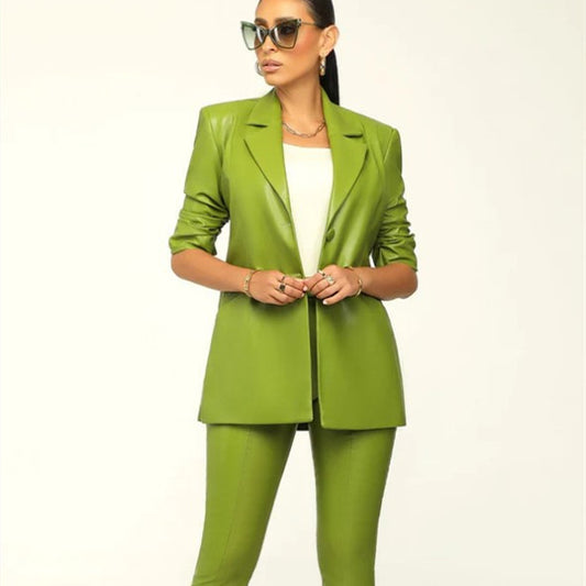 Traje de Cuero PU con Pliegues - Conjunto Elegante para Mujer