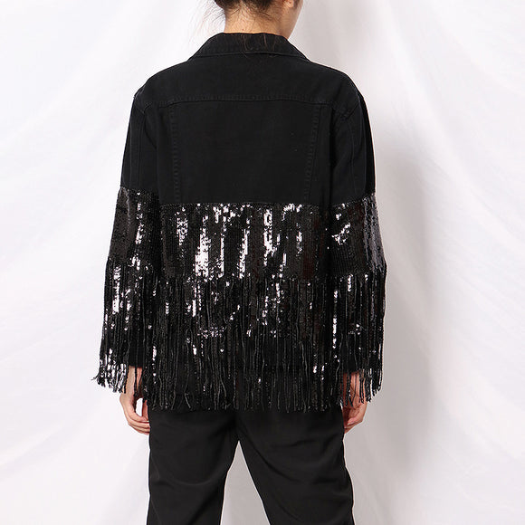 Chaqueta Denim Oversize con Lentejuelas, Bolsillos y Detalles Rotos