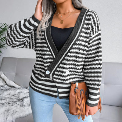 Suéter Tejido de Cuello V con Rayas y Mangas Largas para Otoño e Invierno - Image 8