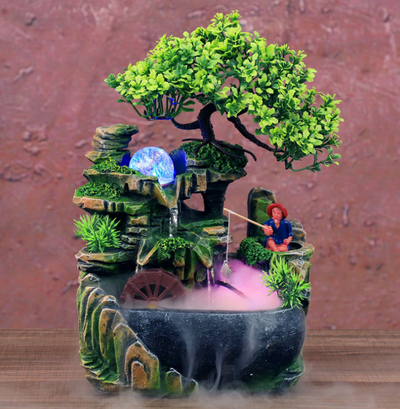 Resin desktop fountain with simulation rockery, a green bonsai tree, glowing orb, and water wheel. Measures 30cm tall. - Image 7