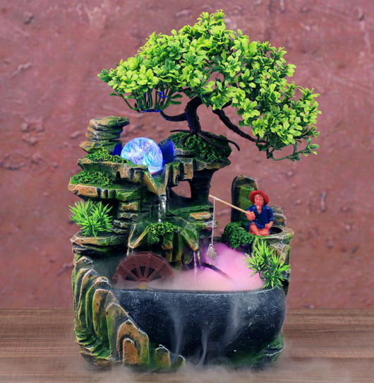 Resin desktop fountain with simulation rockery, a green bonsai tree, glowing orb, and water wheel. Measures 30cm tall. - Image 7