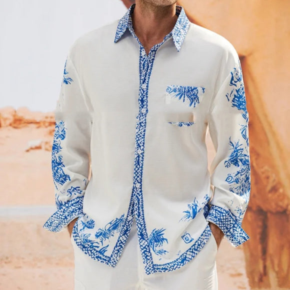 Camisa Masculina de Manga Longa Estampada com Contraste de Cores - Outono