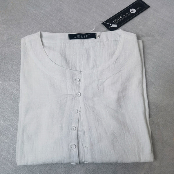 Camisa de Algodón y Lino con Cuello Redondo y Botones - Manga Larga Tendencia