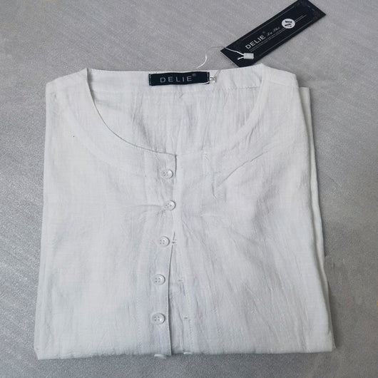Camisa de Algodón y Lino con Cuello Redondo y Botones - Manga Larga Tendencia