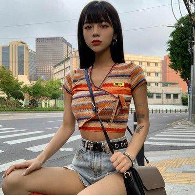 Camiseta Mujer Rayas Contraste con Amarre Frontal - Image 18