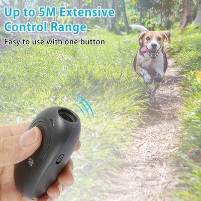 Dark gray handheld ultrasonic dog repeller and training device with a large button and a white paw print icon. - Image 13