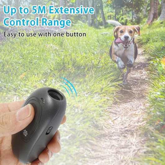 Dark gray handheld ultrasonic dog repeller and training device with a large button and a white paw print icon. - Image 13