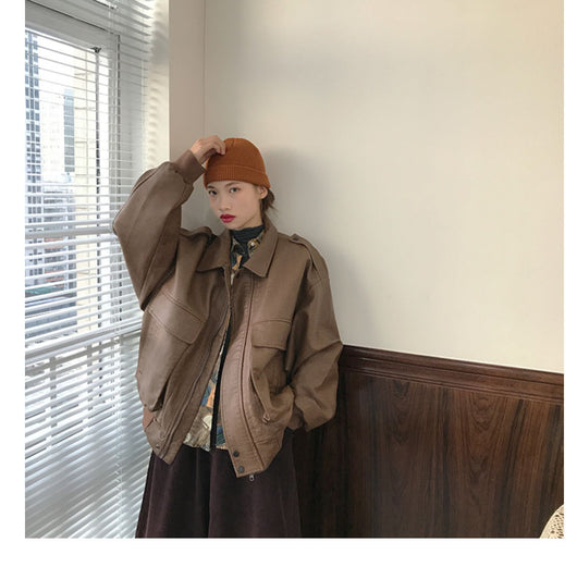 Chaqueta de Cuero Retro Estilo Hong Kong Suelta para Mujer - Image 15