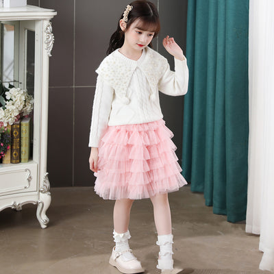 Vestido Dos Piezas de Perlas para Niña - Suéter y Falda Pastel - Image 9