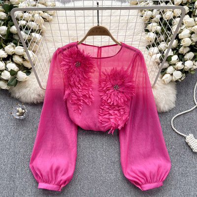 Blusa Slim Fit con Flores 3D y Mangas Abullonadas para Mujer - Image 7