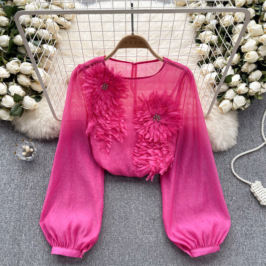 Blusa Slim Fit con Flores 3D y Mangas Abullonadas para Mujer - Image 7