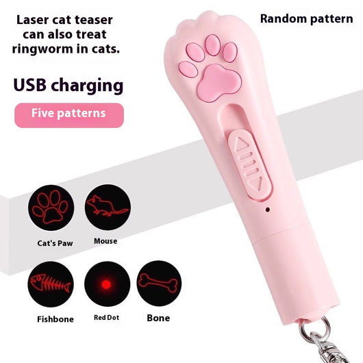 Pink cat paw pen light toy with red laser, UV light for urine detection, and white LED illumination, featuring a keychain. - Image 4