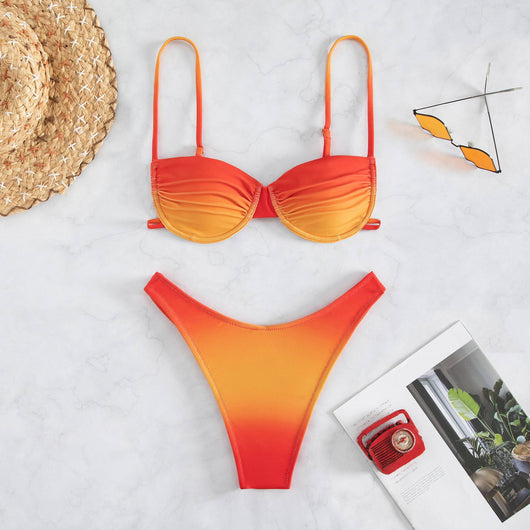 Gradient brown, orange, and green two-piece bikini swimsuit with a bandeau top and high-cut thong bottom. - Image 18