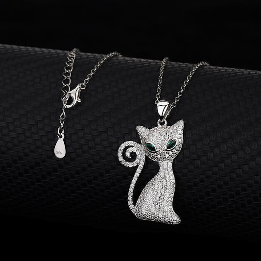 Collar Gato Ojos Verdes en Plata - Diseño Europeo