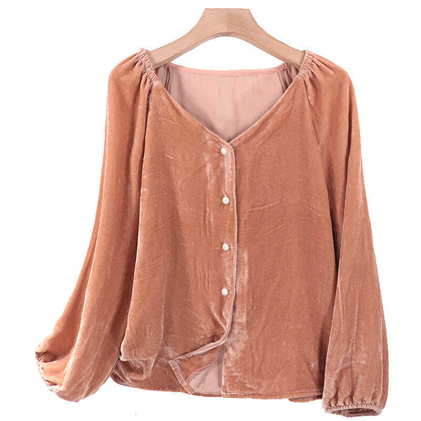 Blusa Elegante de Terciopelo Dorado con Cuello en V y Mangas Largas