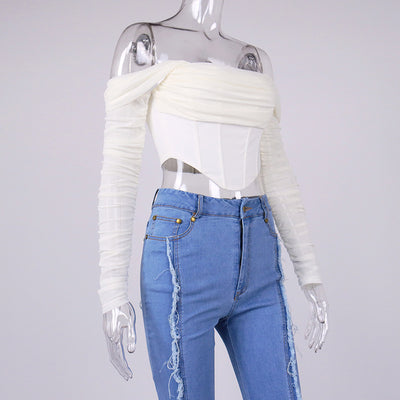 Blusa Cropped Transparente con Escote de Malla y Espina de Pescado - Image 5