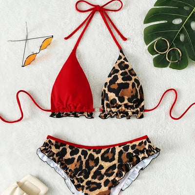 Red and leopard print colorblock bikini set with ruffled edges and high-cut bottoms. - Image 6
