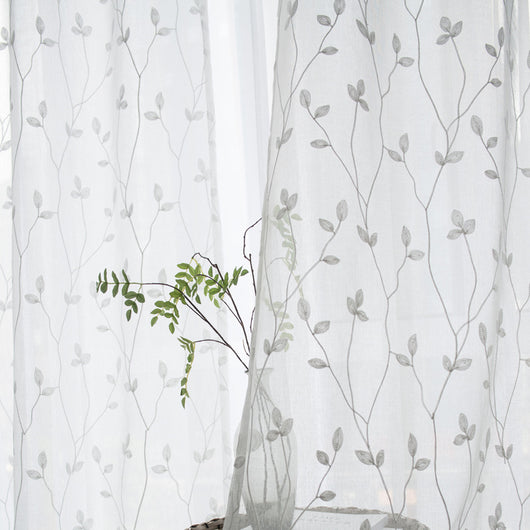 Sheer white curtains with a delicate brown leafy vine pattern, offering light transmission for a pastoral style room. - Image 8