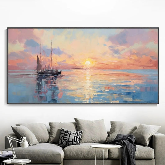 Cuadro Abstracto Moderno Atardecer sobre el Mar - Lienzo Óleo Hecho a Mano para Sala de Estar - Image 4