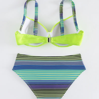 Neon green ribbed halter bikini top with striped straps and matching striped high-waisted bikini bottoms. - Image 3