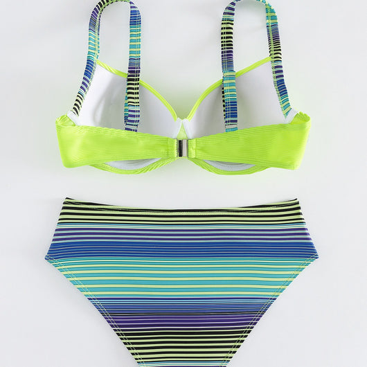 Neon green ribbed halter bikini top with striped straps and matching striped high-waisted bikini bottoms. - Image 3