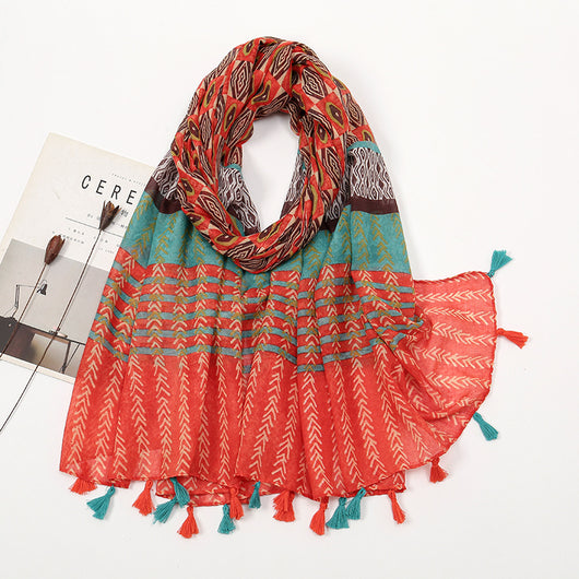 Pañuelo de Algodón y Lino con Estampado a Juego y Borlas - Image 3